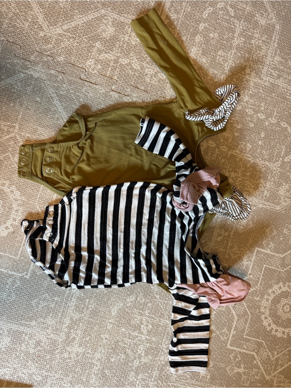 Set of 2 This tribe of three Striped Black & White Jumpsuit & Olive jumpsuit.